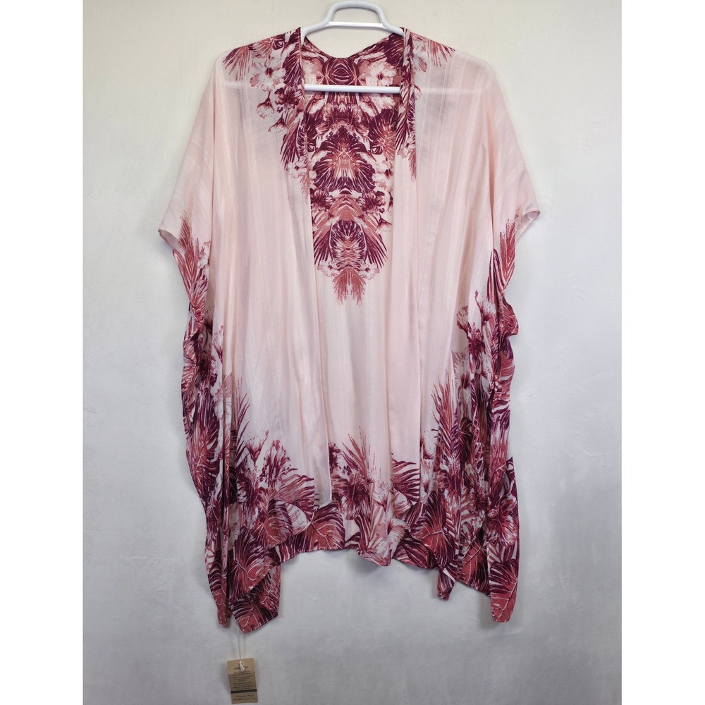 Blue Sky Kaftan Top Womens One Size Pink Floral Kimono Duster Cover Up Flowy NEW